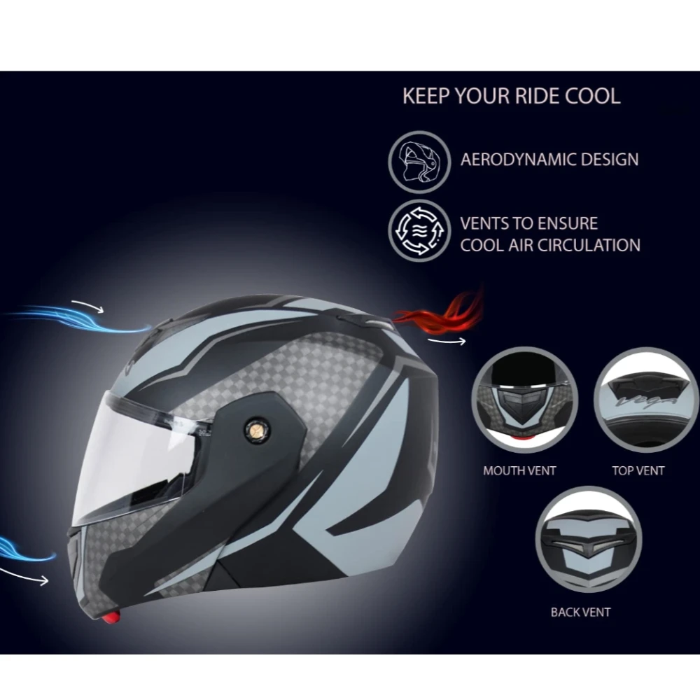 Vega Crux Dx Checks ISI Certified Smooth Matt Finish Flip-Up Helmet for Men and Women with Clear Visor(Dull Black Silver, Size:M)