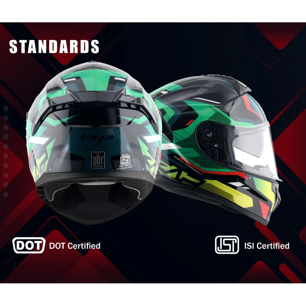 Vega Zap Volt D/V ISI and DOT Certified Gloss Finish Full Face Helmet for Men with Dual Visors and Spoiler-Black Red-L