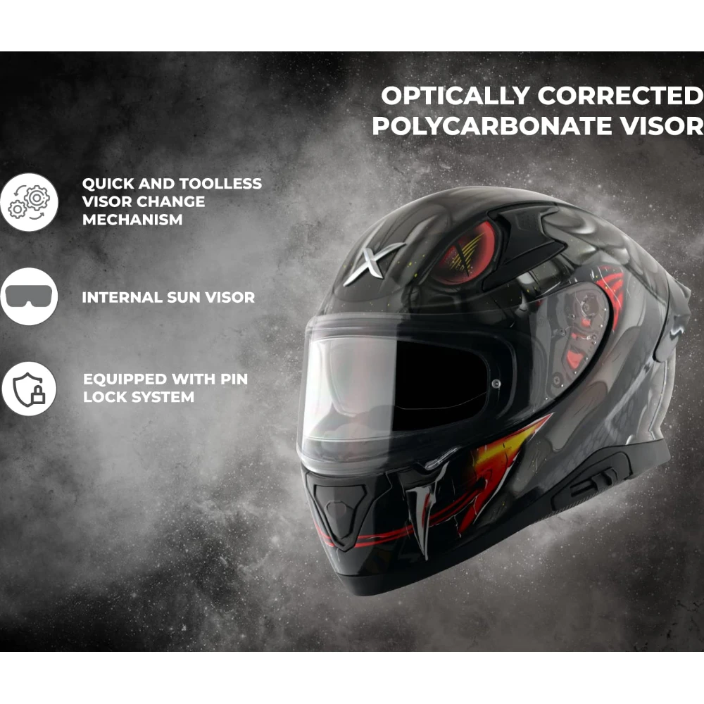 Axor Apex Venomous ISI ECE DOT Certified Full Face Dual Visor Helmet for Men and Women with Pinlock Fitted Outer Clear Visor and Inner Smoke Sun Visor Black Grey(XL)