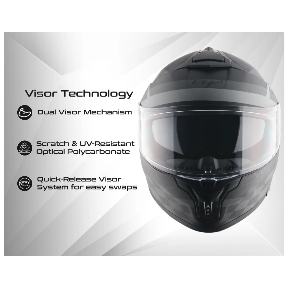 Vega Zap DV Alliance ISI and DOT Certified Matte Finish Full Face Dual Visor Helmet for Men with Spoiler-Dull Black Grey-M