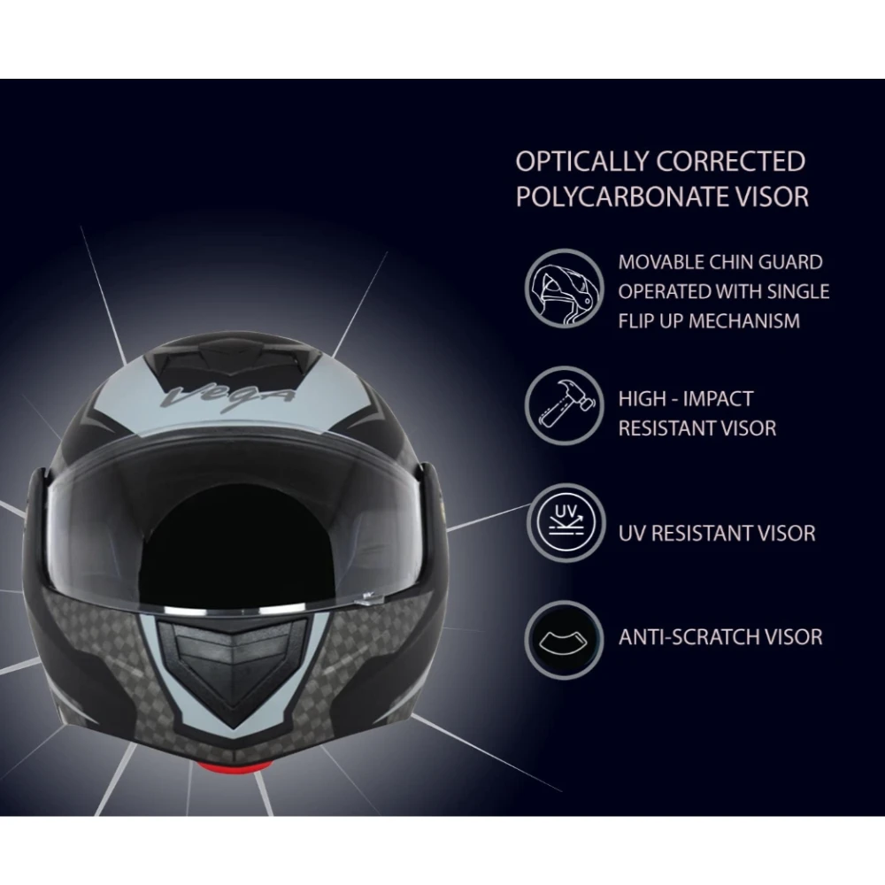 Vega Crux Dx Checks ISI Certified Smooth Matt Finish Flip-Up Helmet for Men and Women with Clear Visor(Dull Black Silver, Size:M)