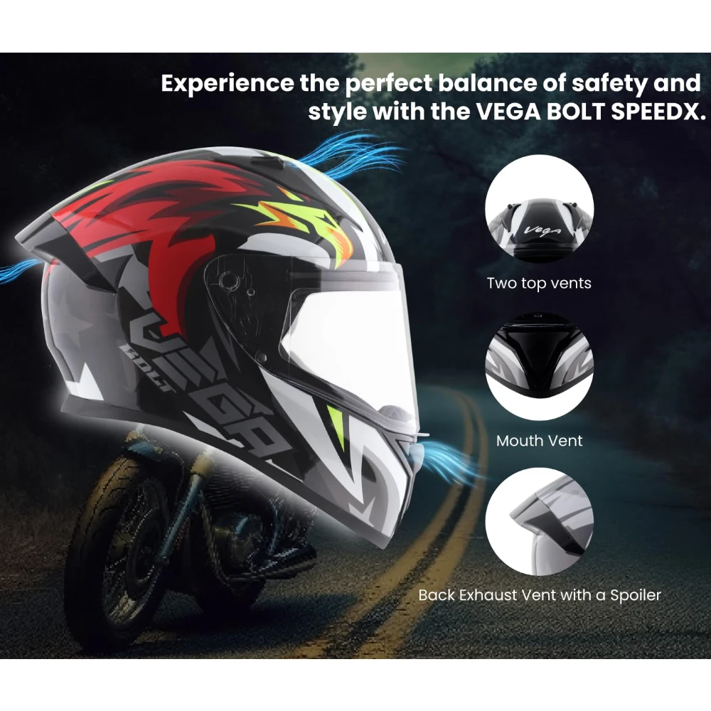 Vega Bolt Speedx ISI and DOT Certified Gloss Finish Full Face Helmet for Men with Clear Visor- Black Red Helmet-M