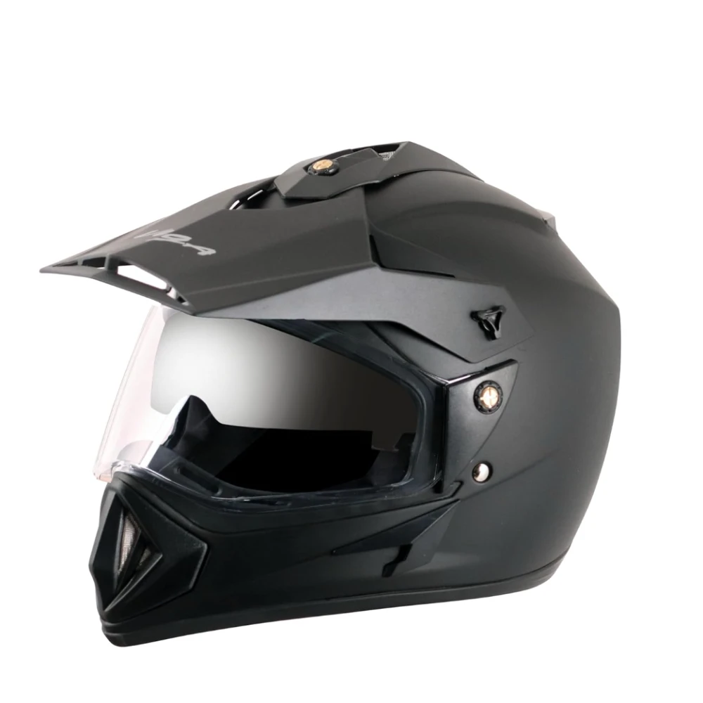 Vega Off Road ISI Certified Matt Finish Full Face Dual Visor with Peak Helmet for Men and Women Outer Clear Visor and Inner Smoke Sun Visor(Dull Black, Size:L)