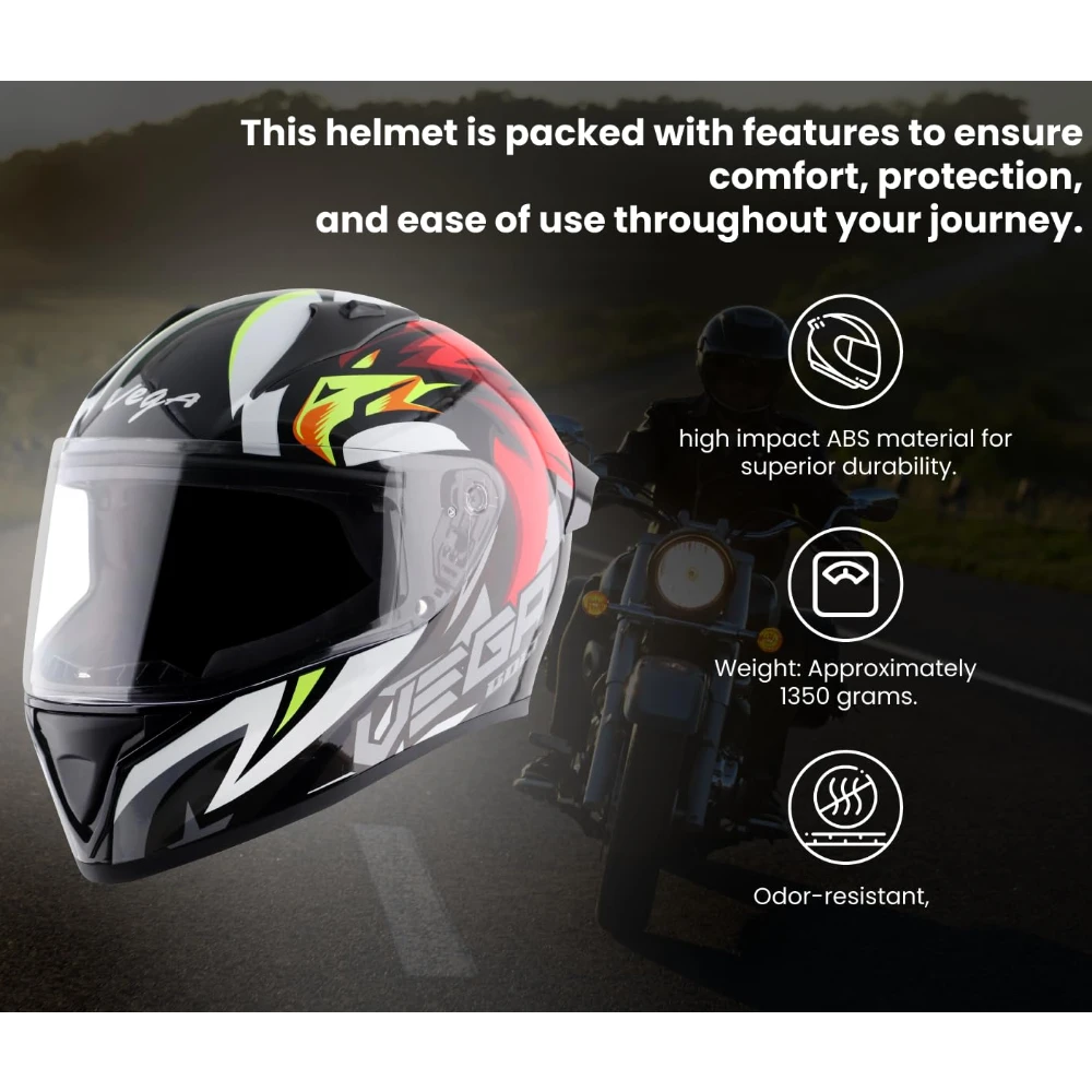 Vega Bolt Speedx ISI and DOT Certified Gloss Finish Full Face Helmet for Men with Clear Visor- Black Red Helmet-M