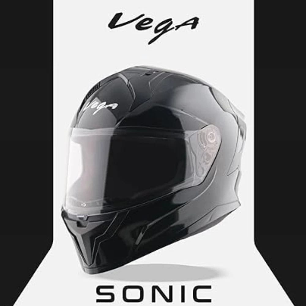 Vega Sonic Solid ISI Certified Gloss Finish Full Face Helmet for Men with Clear Visor and Spoiler-Black-M