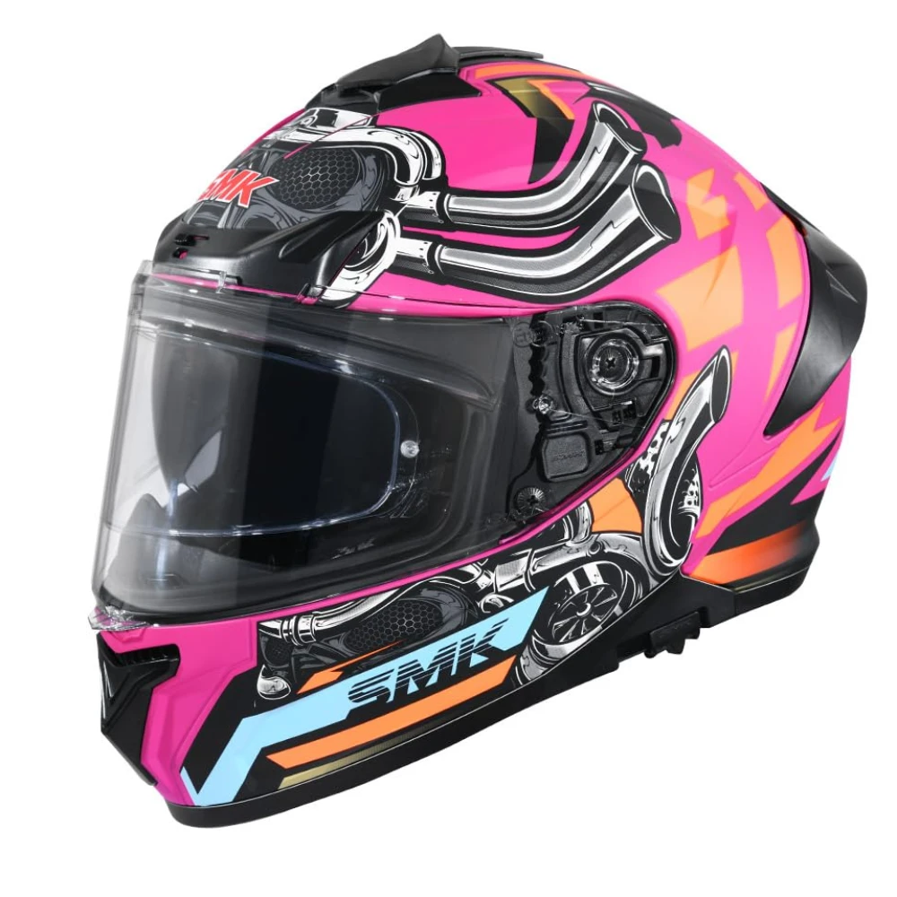 SMK Typhoon Motorhead ISI ECE & DOT Certified Full Face Dual Visor Helmet for Men and Women with Pinlock Fitted Clear Visor and Inner Sun Visor ( Pink - 2XL )