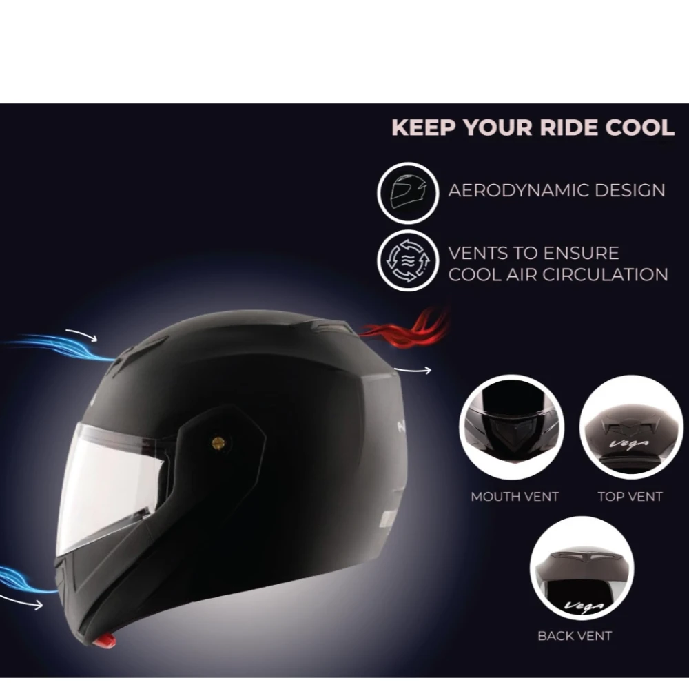 Vega Crux ISI Certified Flip-Up Helmet for Men and Women with Clear Visor(Black, Size:L)