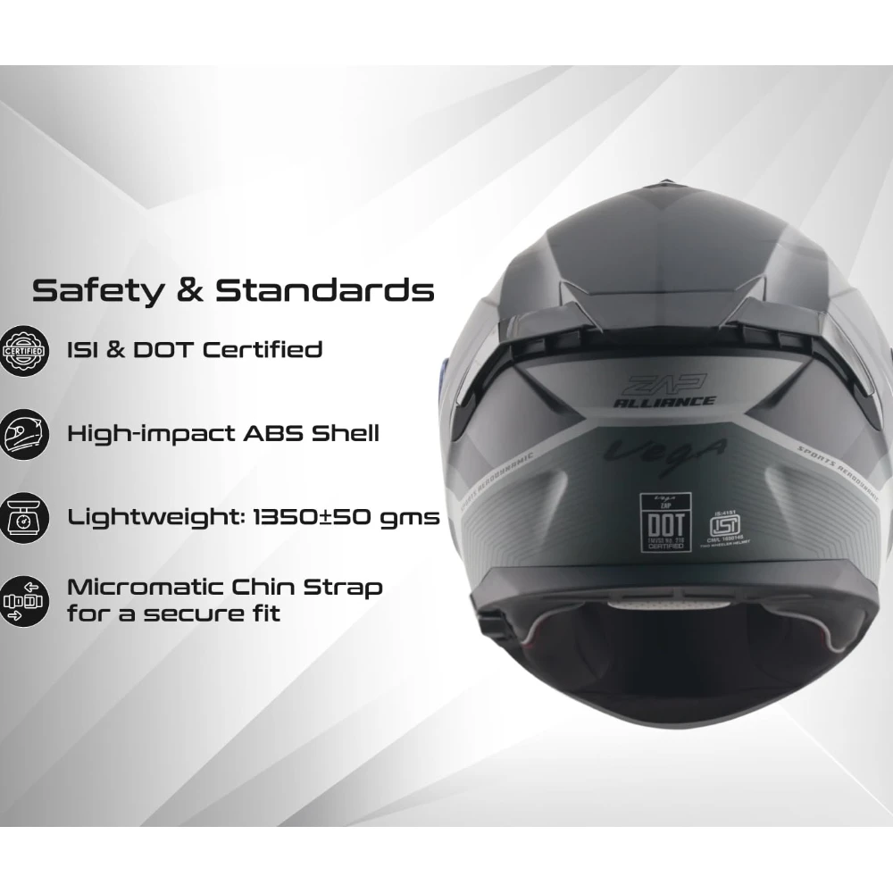 Vega Zap DV Alliance ISI and DOT Certified Matte Finish Full Face Dual Visor Helmet for Men with Spoiler-Dull Black Grey-M