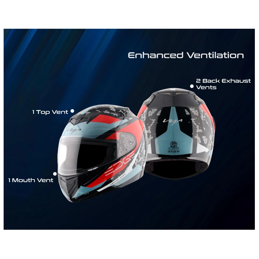 Vega Edge US Army ISI Certified Gloss Finish Full Face Helmet for Men with Clear Visor -Black Red-L