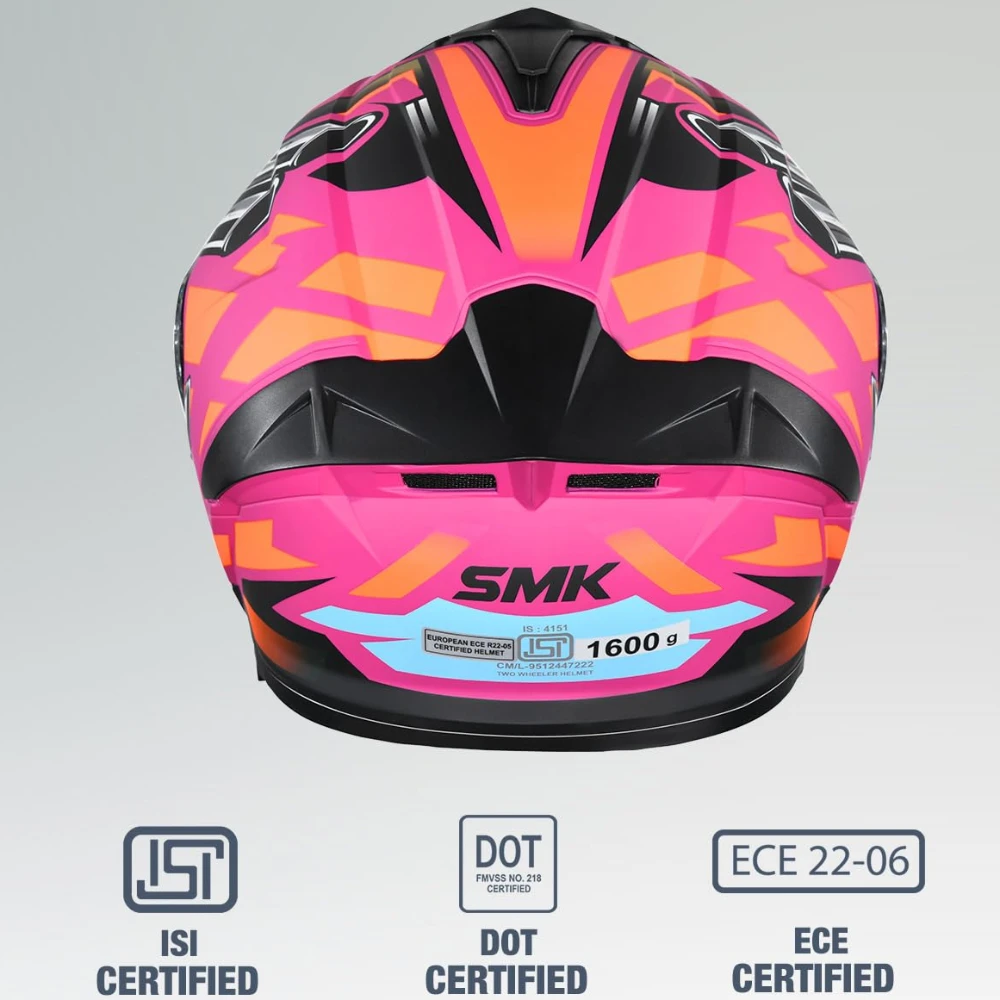 SMK Typhoon Motorhead ISI ECE & DOT Certified Full Face Dual Visor Helmet for Men and Women with Pinlock Fitted Clear Visor and Inner Sun Visor ( MATT Pink - 2XL )