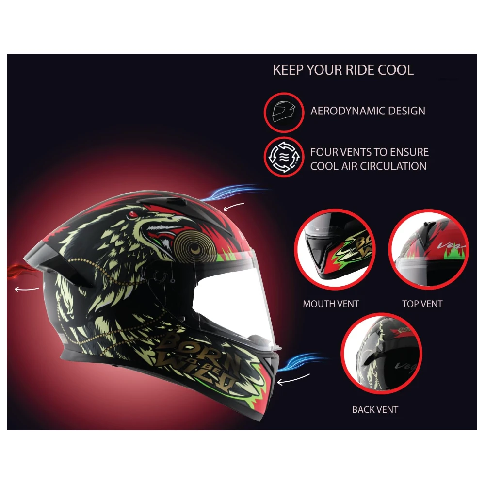 VEGA Bolt Wild ISI and DOT Certified Matte Finish Full Face Helmet for Men with Clear Visor- Dull Black Green-M