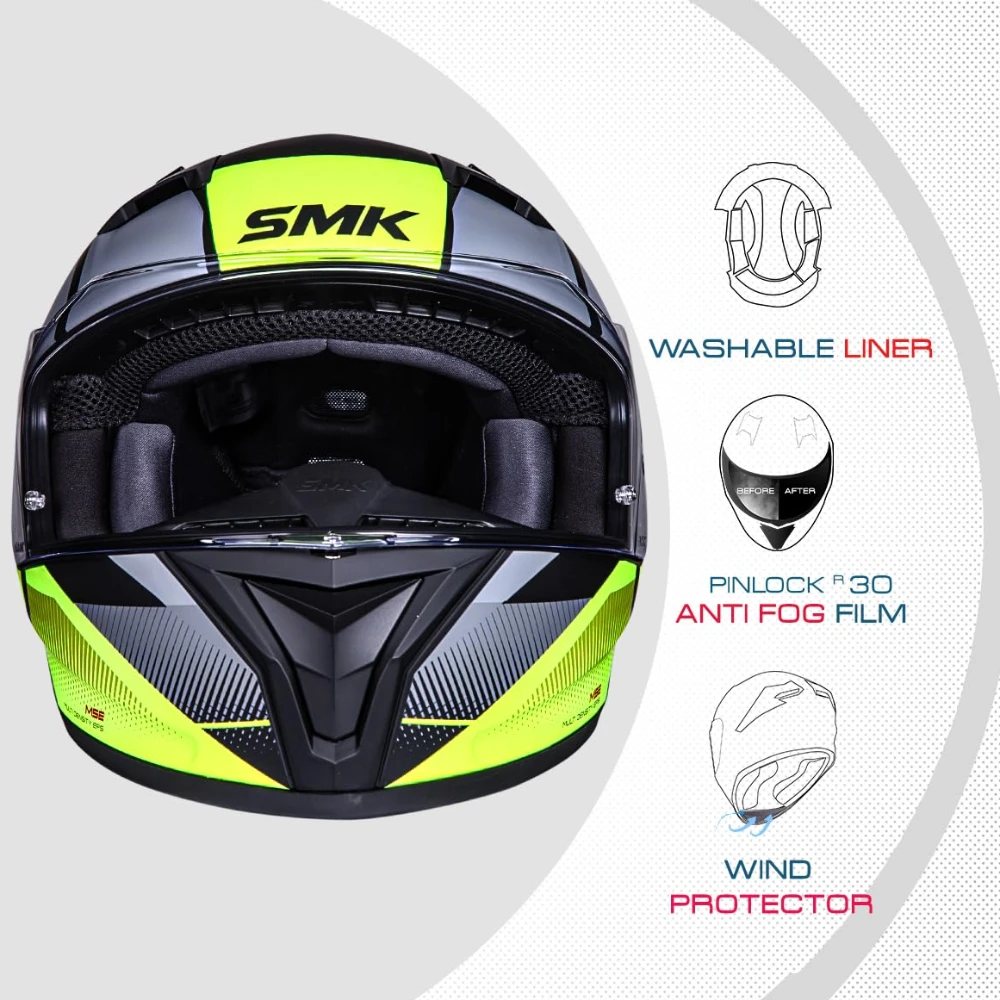 SMK Stellar Sports S01 Faro Isi Dot&Ece- 06 Certified Full Face Motorcycling Helmet With Anti-Fog Clear Visor