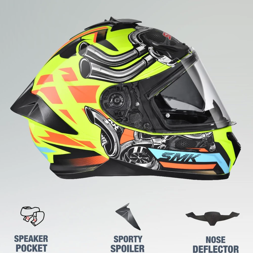 SMK Typhoon Motorhead ISI ECE & DOT Certified Full Face Dual Visor Helmet for Men and Women with Pinlock Fitted Clear Visor and Inner Sun Visor ( Yellow - M )