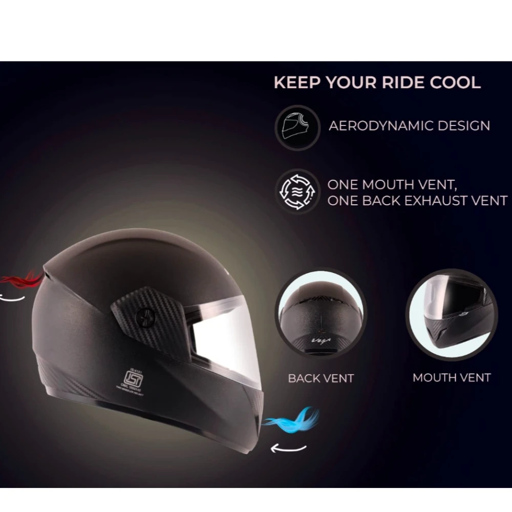 Vega Cliff ISI Certified Lightweight Full Face Gloss Finish Helmet for Men and Women with Clear Visor(Black, Size:L)