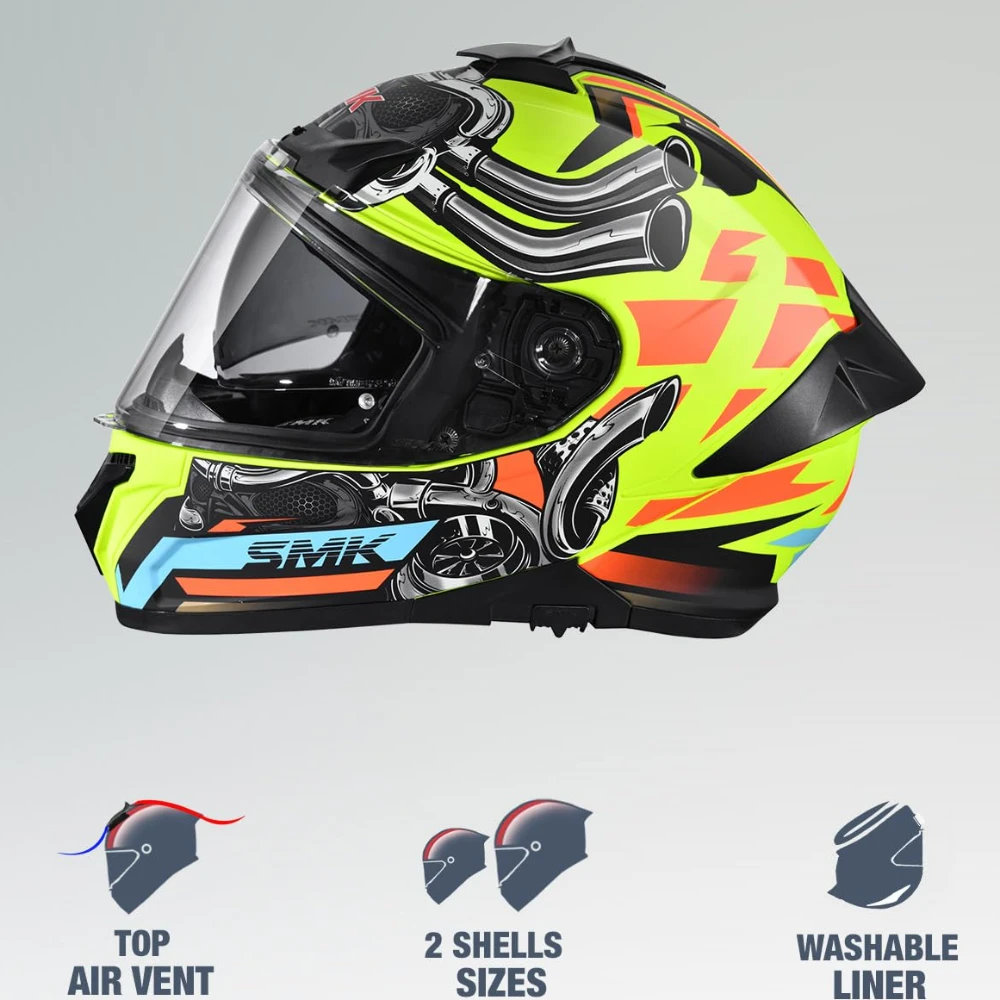 SMK Typhoon Motorhead ISI ECE & DOT Certified Full Face Dual Visor Helmet for Men and Women with Pinlock Fitted Clear Visor and Inner Sun Visor ( MATT Yellow - 2XL )