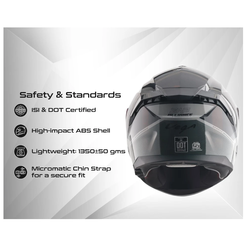Vega Zap DV Alliance ISI and DOT Certified Gloss Finish Full Face Dual Visor Helmet for Men with Spoiler-Black Grey-M