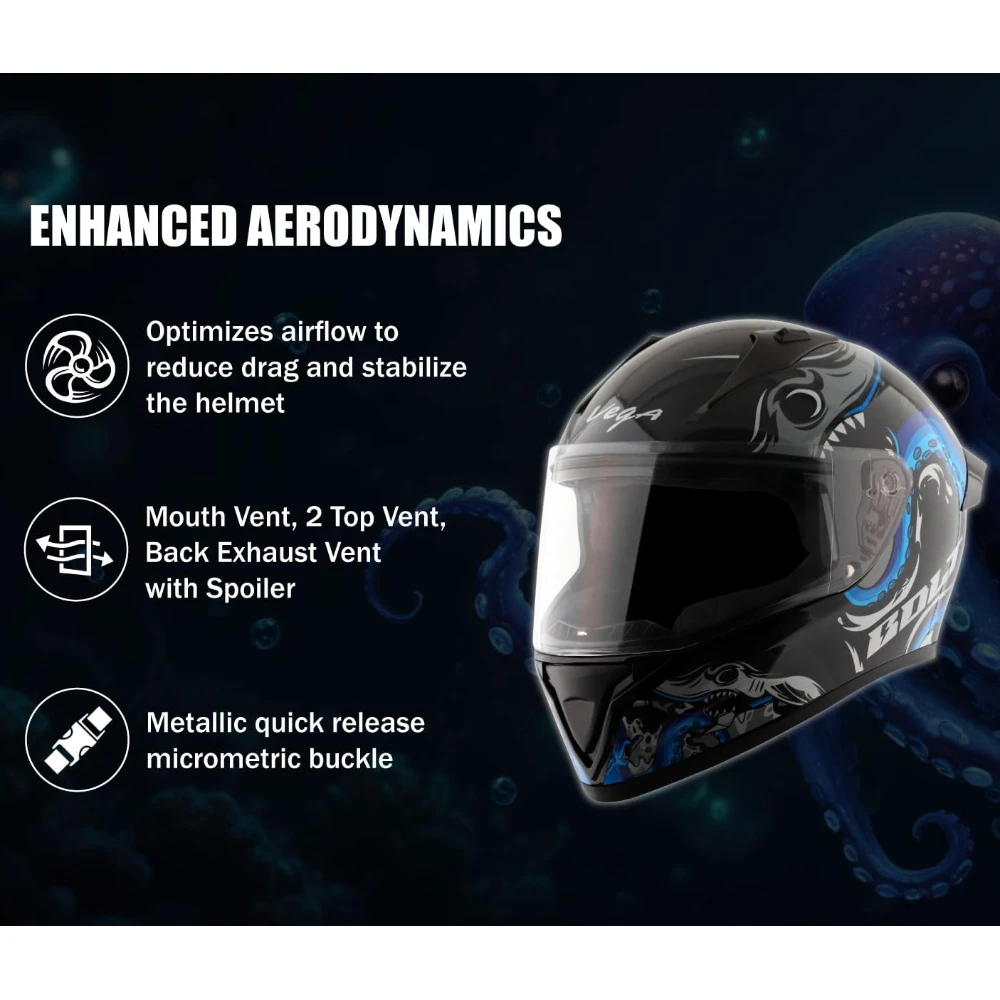 Vega Bolt Octopus ISI and DOT Certified Glossy Finish Full Face Helmet for Men with Clear Visor- Black Blue, Size: M(57-58 cm)