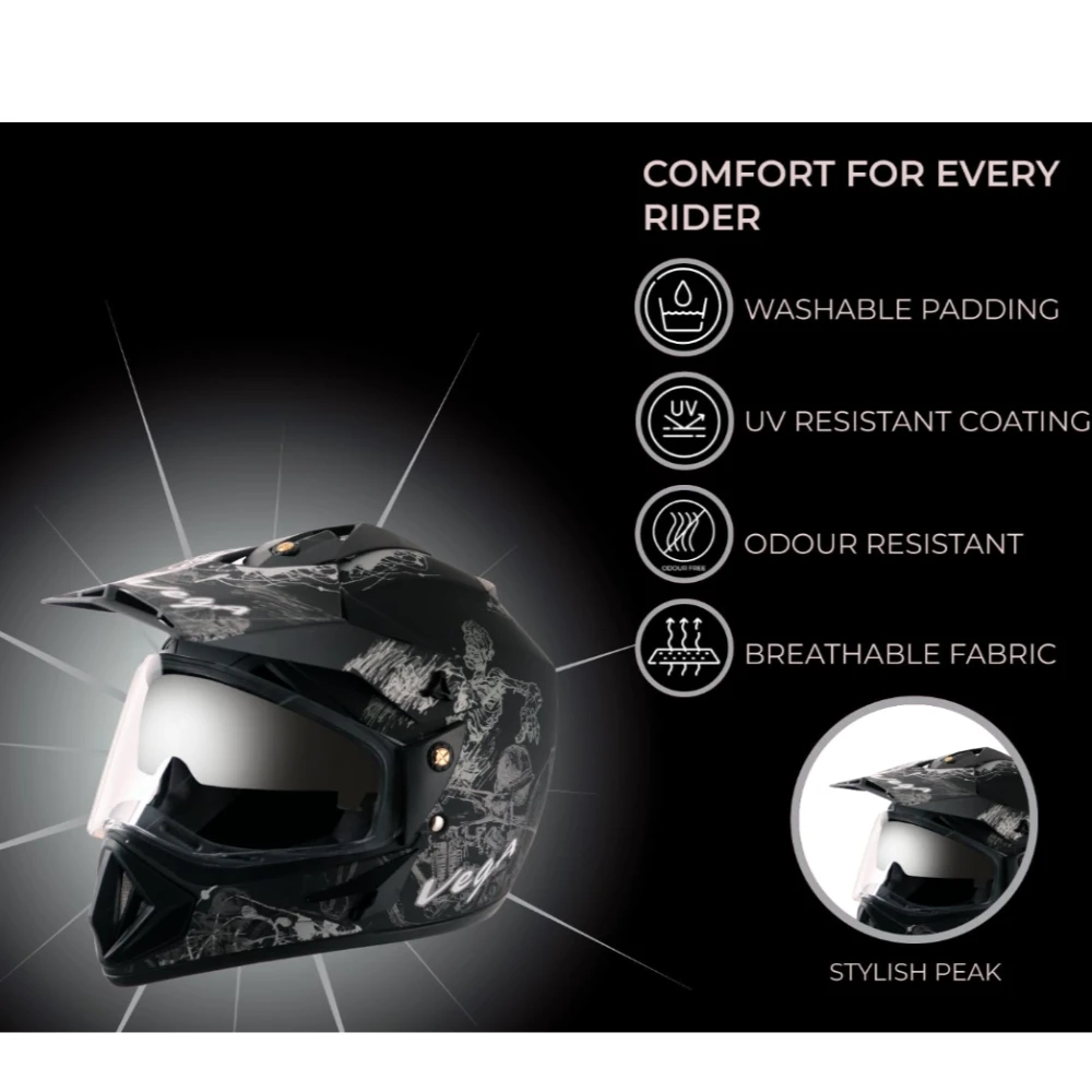 Vega Off Road Sketch ISI Certified Matt Finish Full Face Dual Visor with Peak Helmet for Men and Women Outer Clear Visor and Inner Smoke Sun Visor(Dull Black Silver, Size:L)