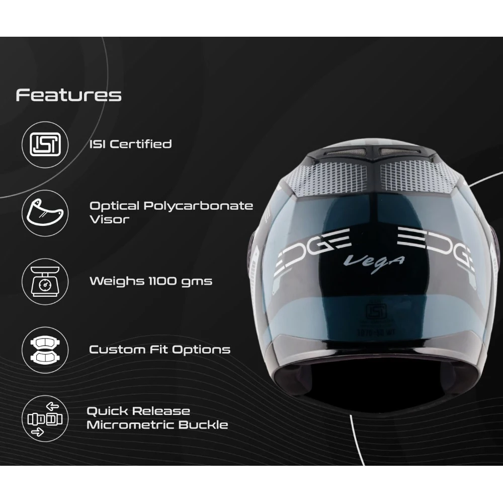 Vega Edge Passion ISI Certified Gloss Finish Full Face Helmet for Men with Clear Visor -Black Grey-L