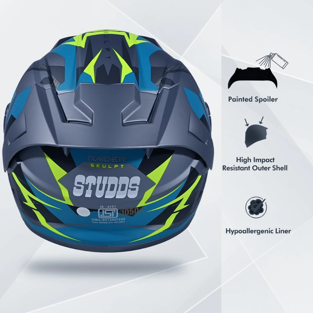 STUDDS Raider Skulpt ISI Certified Full Face Helmet for Men and Women with Spoilor and Clear Visor