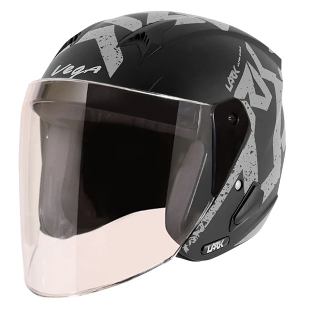 Vega Lark Victor ISI Certified Matt Finish Lightweight Open Face Helmet for Men and Women with Long Clear Visor(Dull Black Silver, Size:L)