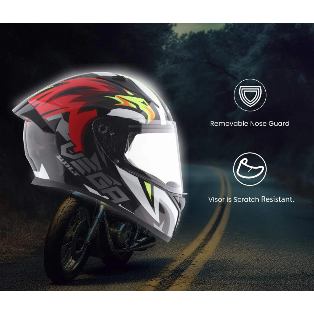 Vega Bolt Speedx ISI and DOT Certified Gloss Finish Full Face Helmet for Men with Clear Visor- Black Red Helmet-M