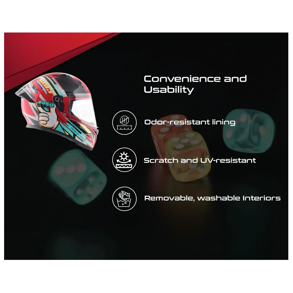 Vega Bolt Dice ISI and DOT Certified Gloss Finish Full Face Helmet for Men with Clear Visor- Red Black, L