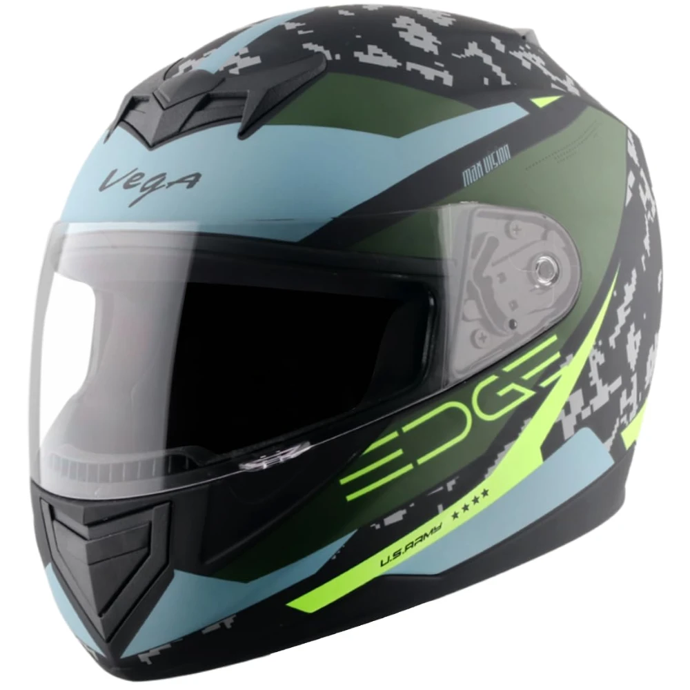 Vega Edge US Army ISI Certified Matte Finish Full Face Helmet for Men with Clear Visor -Dull Black Battle Green-M