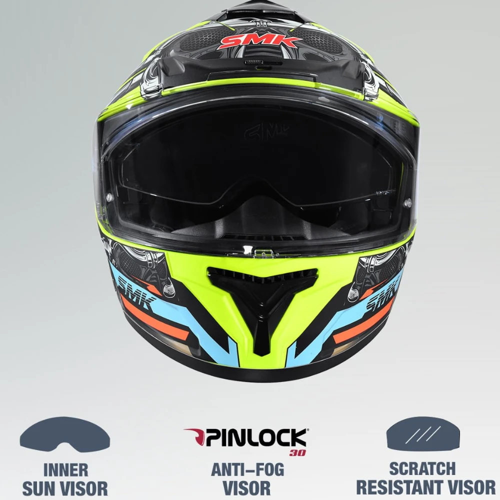 SMK Typhoon Motorhead ISI ECE & DOT Certified Full Face Dual Visor Helmet for Men and Women with Pinlock Fitted Clear Visor and Inner Sun Visor ( MATT Yellow - 2XL )