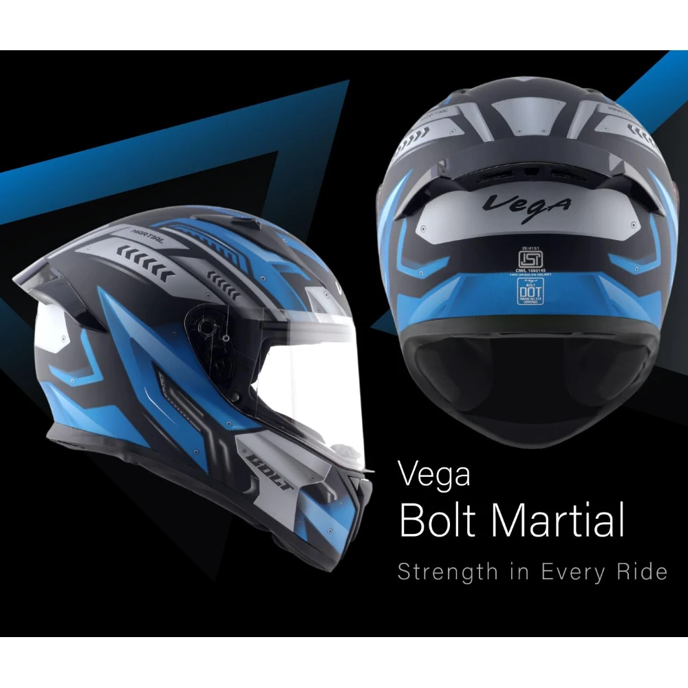 Vega Bolt Martial ISI and DOT Certified Matte Finish Full Face Helmet for Men with Clear Visor- Dull Black Blue-M