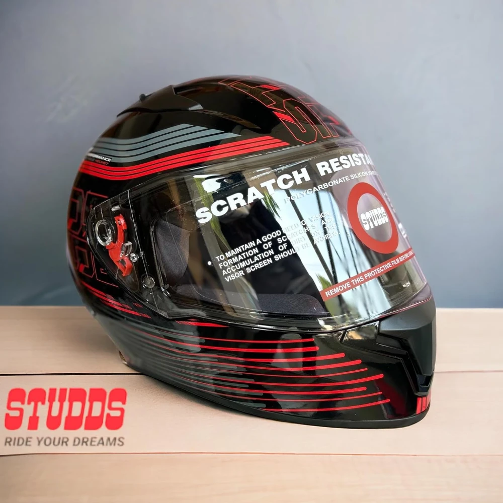 STUDDS Thunder D11 Full Face Helmets for Men & Women ISI Certified (600 MM (XL), Black N2-RED)