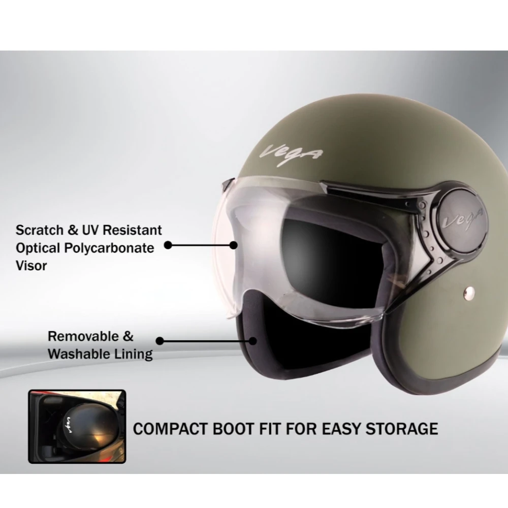Vega Jet ISI DOT Certified Matt Finish Open Face Helmet for Men and Women with Clear Visor(Dull Army Green, Size:L)