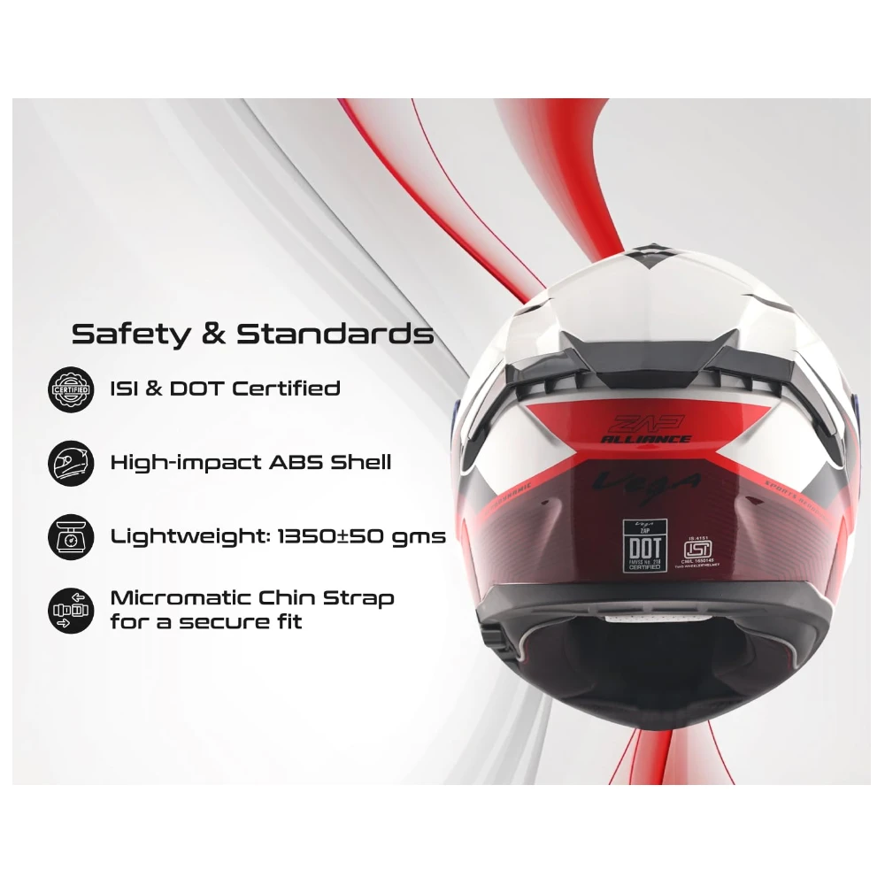 Vega Zap DV Alliance ISI and DOT Certified Gloss Finish Full Face Dual Visor Helmet for Men with Spoiler-White Red-M