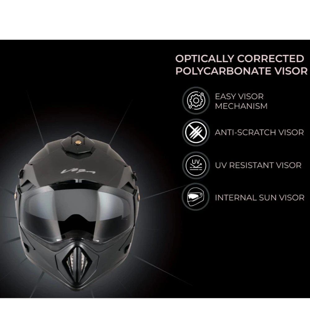 Vega Off Road ISI Certified Matt Finish Full Face Dual Visor with Peak Helmet for Men and Women Outer Clear Visor and Inner Smoke Sun Visor(Dull Black, Size:L)