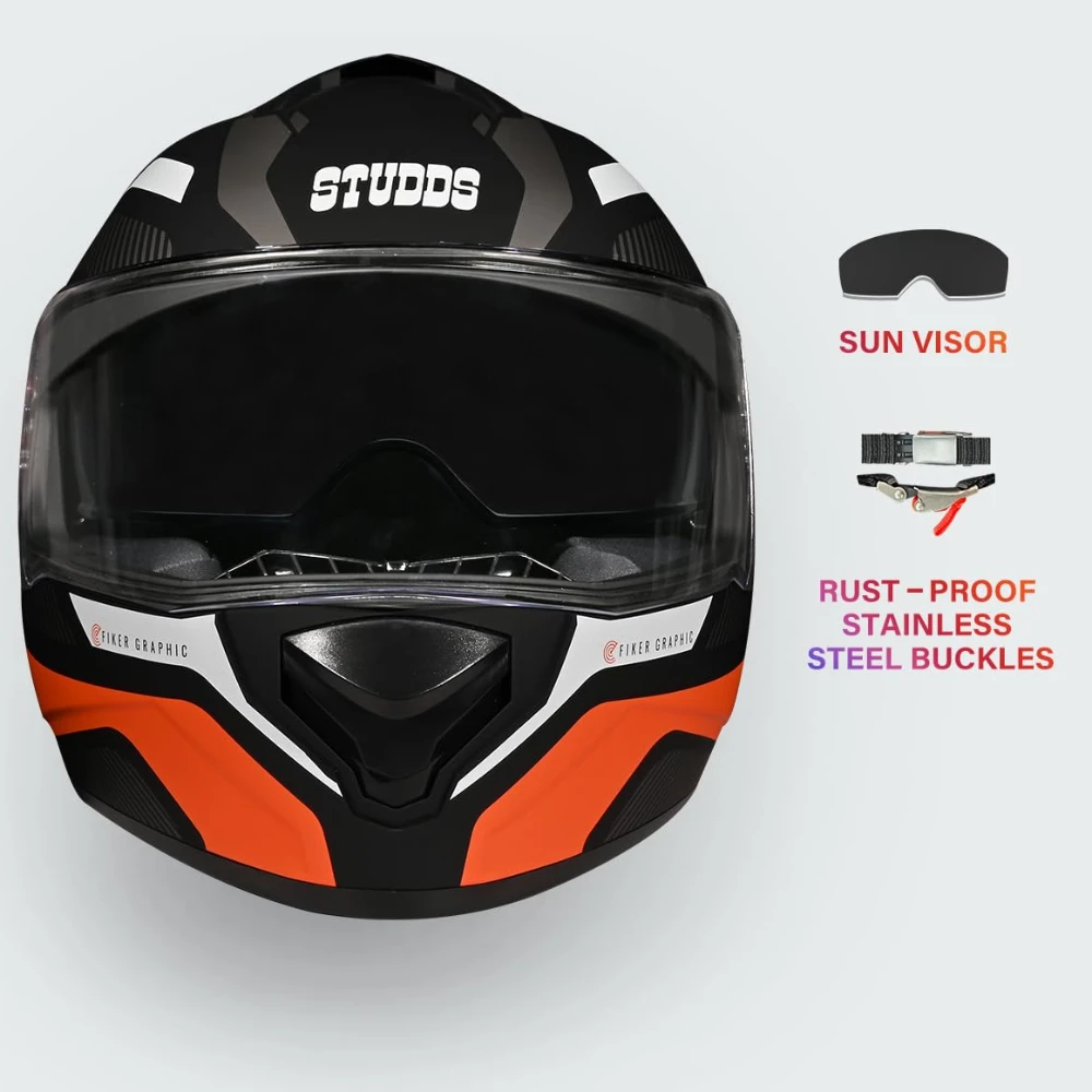 Studds Drifter D5 Fiker ISI and DOT Certified Full face Helmet for Men and Women with Inner Sun Visor and Spoiler (Black L)