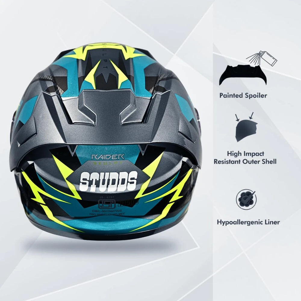 STUDDS Raider Skulpt ISI Certified Full Face Helmet for Men and Women with Spoilor and Clear Visor