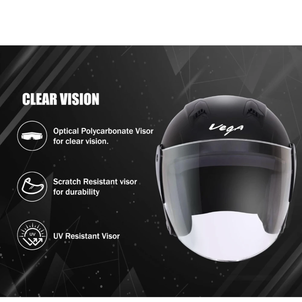 Vega Lark ISI Certified Matt Finish Lightweight Open Face Helmet for Men and Women with Long Clear Visor(Dull Black, Size:L)