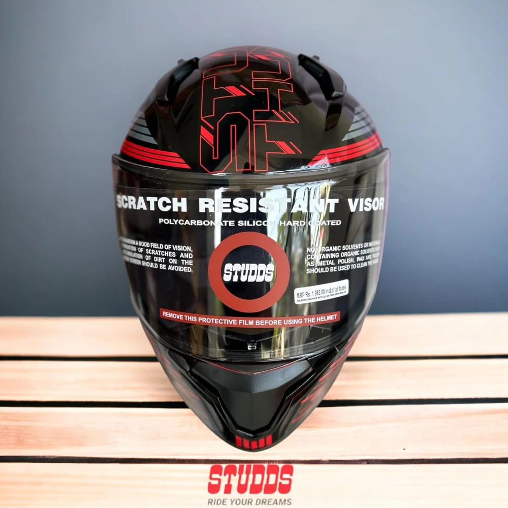 STUDDS Thunder D11 Full Face Helmets for Men & Women ISI Certified (600 MM (XL), Black N2-RED)