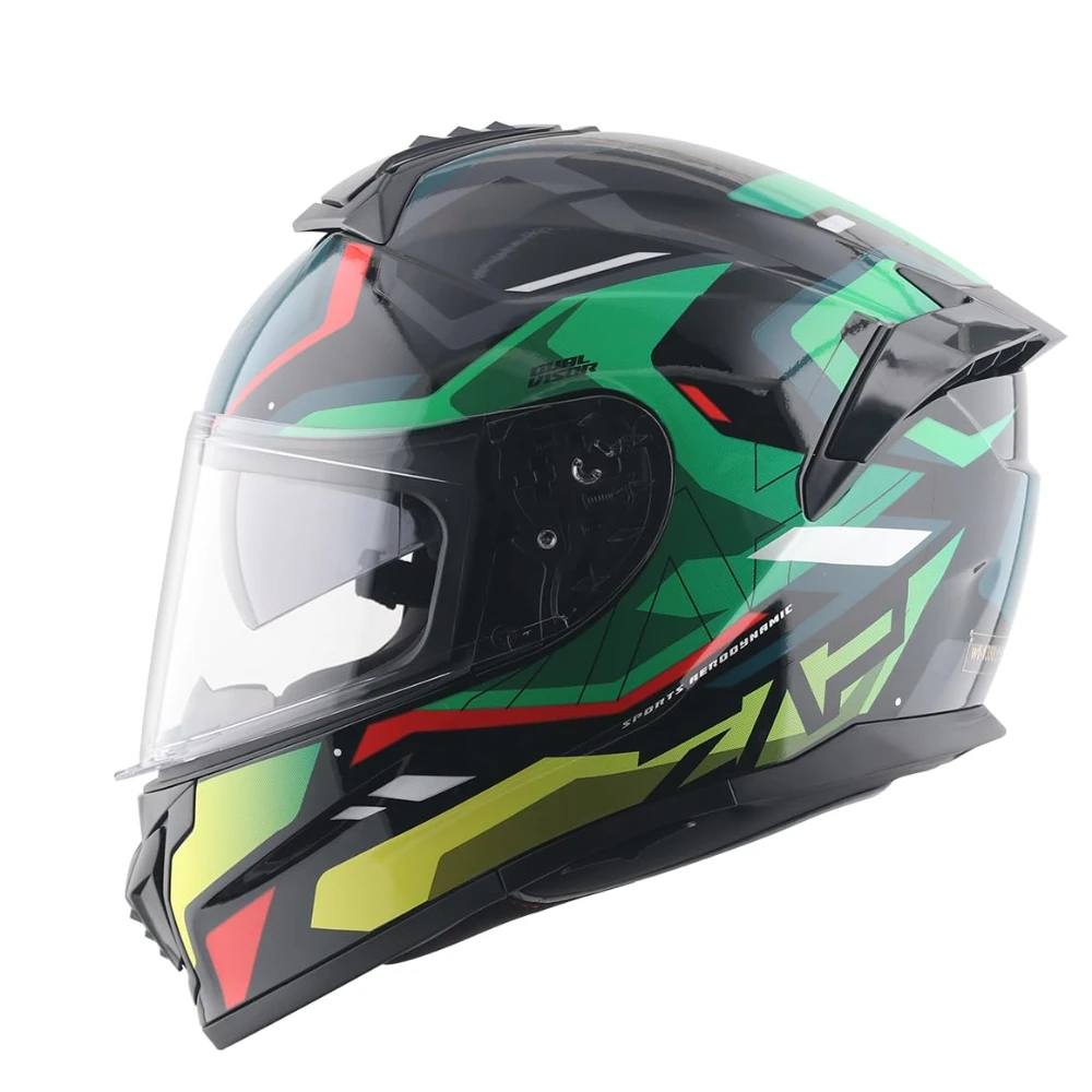 Vega Zap Volt D/V ISI and DOT Certified Gloss Finish Full Face Helmet for Men with Dual Visors and Spoiler-Black Red-L