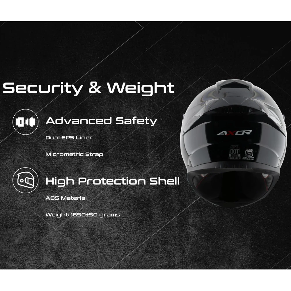 Axor Saber ISI ECE and DOT Certified Gloss Finish Full Face Helmet for Men with Pinlock Fitted Clear Visor -Black-XL