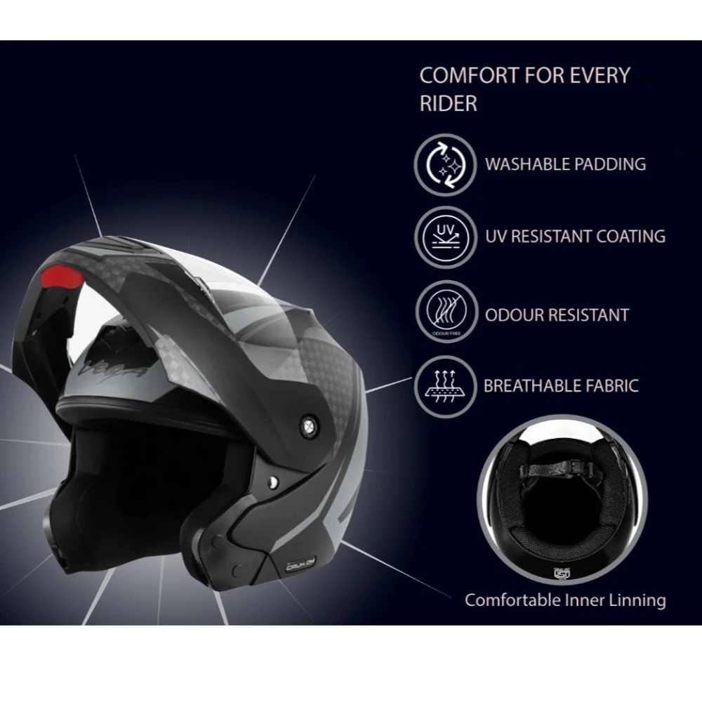 Vega Crux Dx Checks ISI Certified Smooth Matt Finish Flip-Up Helmet for Men and Women with Clear Visor(Dull Black Silver, Size:M)