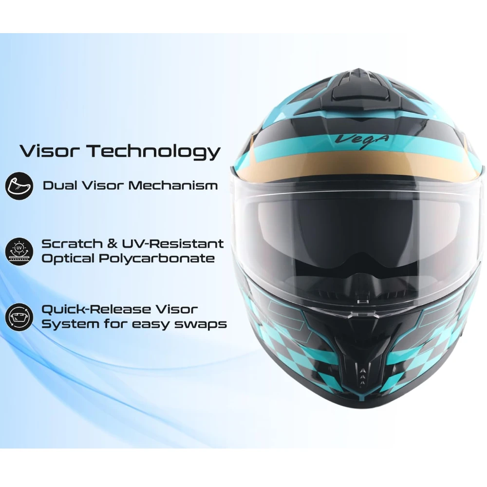 Vega Zap DV Alliance ISI and DOT Certified Gloss Finish Full Face Dual Visor Helmet for Men with Spoiler-Hex Blue Black-XL