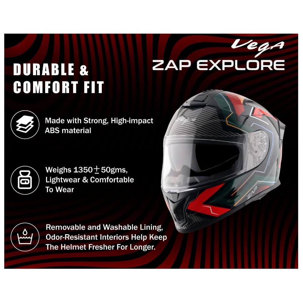 Vega Zap Explore D/V ISI and DOT Certified Gloss Finish Full Face Helmet for Men with Dual Visors and Spoiler-Black Red-L