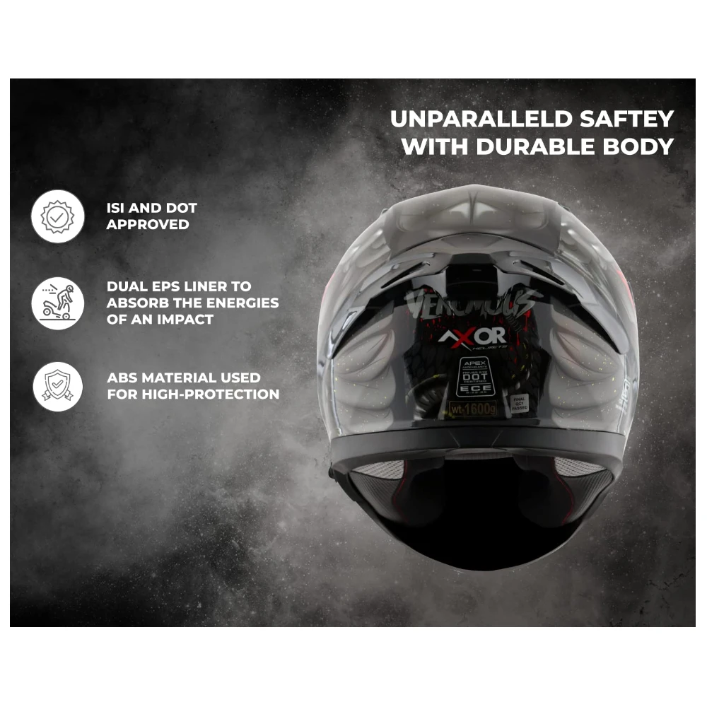 Axor Apex Venomous ISI ECE DOT Certified Full Face Dual Visor Helmet for Men and Women with Pinlock Fitted Outer Clear Visor and Inner Smoke Sun Visor Black Grey(XL)