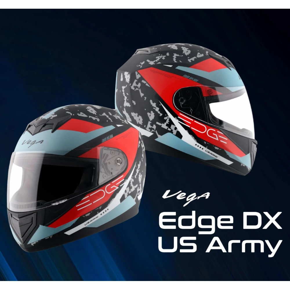 Vega Edge US Army ISI Certified Matte Finish Full Face Helmet for Men with Clear Visor -Dull Black Red-M