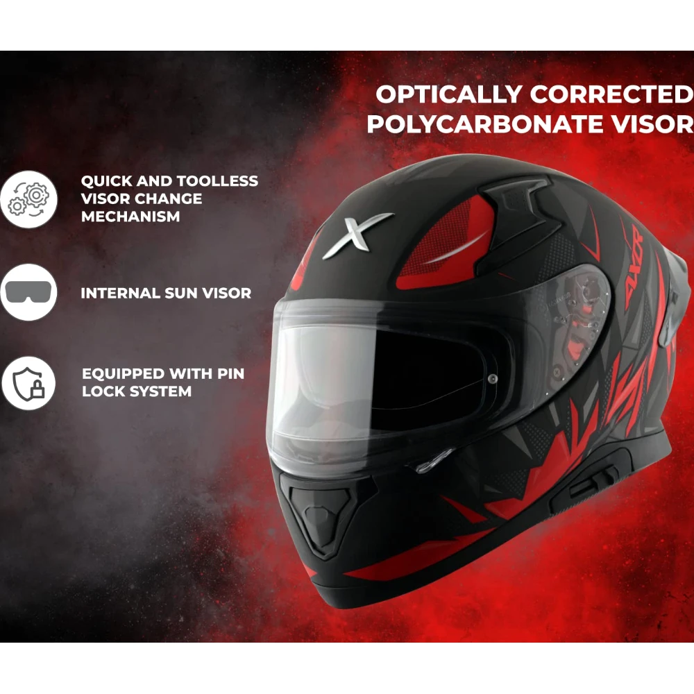 Axor Apex Hunter ISI ECE DOT Certified Full Face Dual Visor Helmet For Men And Women With Pinlock Fitted Outer Clear Visor And Inner Smoke Sun Visor Dull Black Red Helmet-M