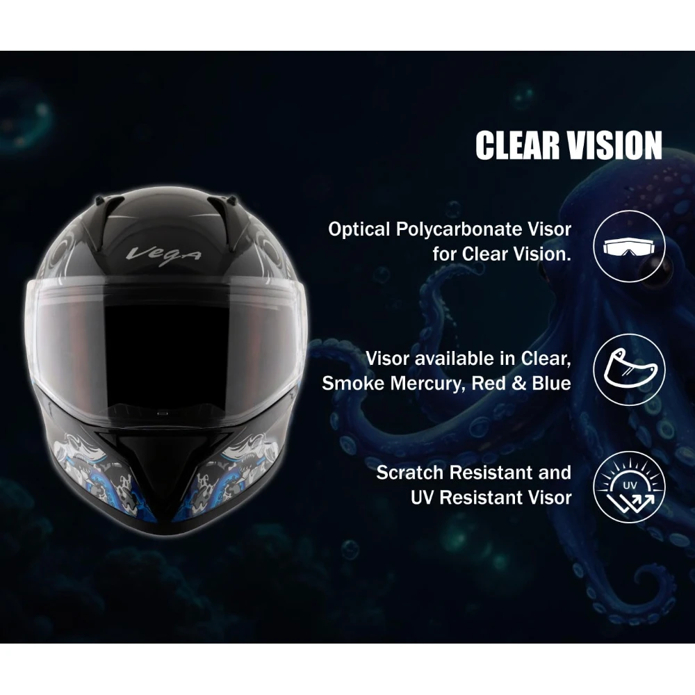 Vega Bolt Octopus ISI and DOT Certified Glossy Finish Full Face Helmet for Men with Clear Visor- Black Blue, Size: M(57-58 cm)