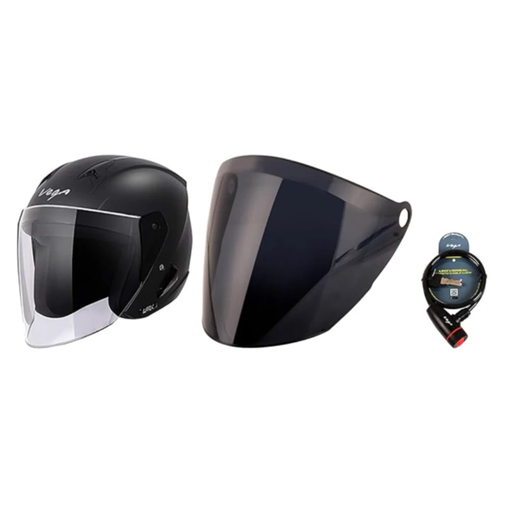 Vega Lark ISI Certified Matt Finish Lightweight Open Face Helmet for Men and Women with Long Clear Visor(Dull Black, Size:L) & VEGA Multipurpose Cable Manual Lock Black & Vega Lark Helmet Smoke Visor