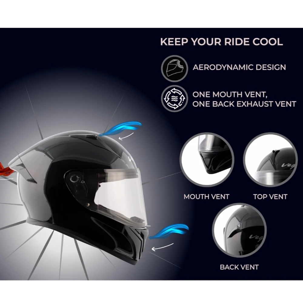 Vega Bolt ISI DOT Certified Full Face Gloss Finish Helmet for Men and Women with Clear Visor(Black, Size:L)
