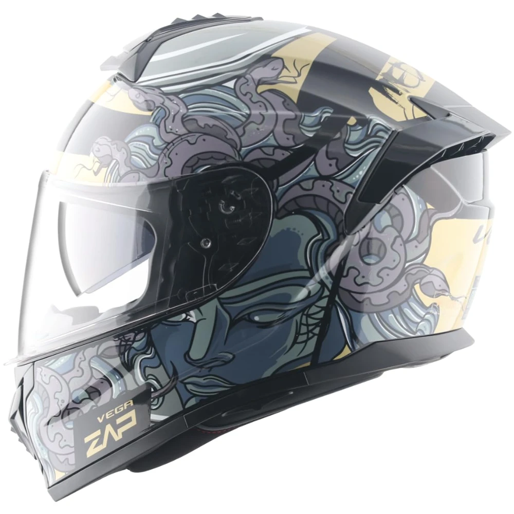 Vega Zap DV Medusa ISI and DOT Certified Gloss Finish Full Face Dual Visor Helmet for Men with Spoiler-Black Grey-L